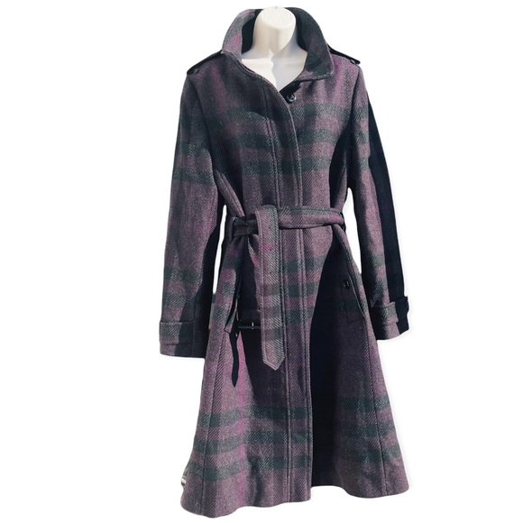 BURBERRY London Lambswool plaid grey purple button down belted trench peacoat
